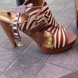 Nine West Striped Brown Heels with Gold Buckles